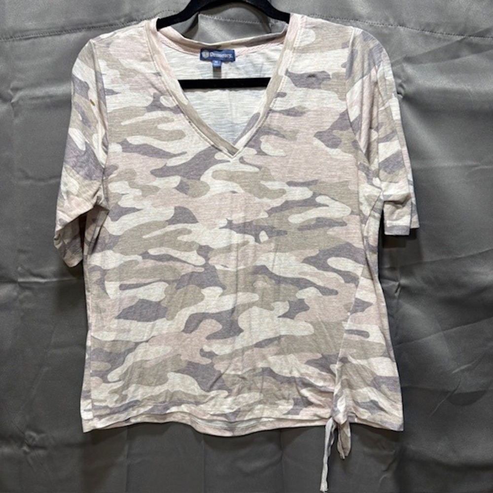 Democracy Camo Print Tie Front V-Neck Short Sleeve T-Shirt Top